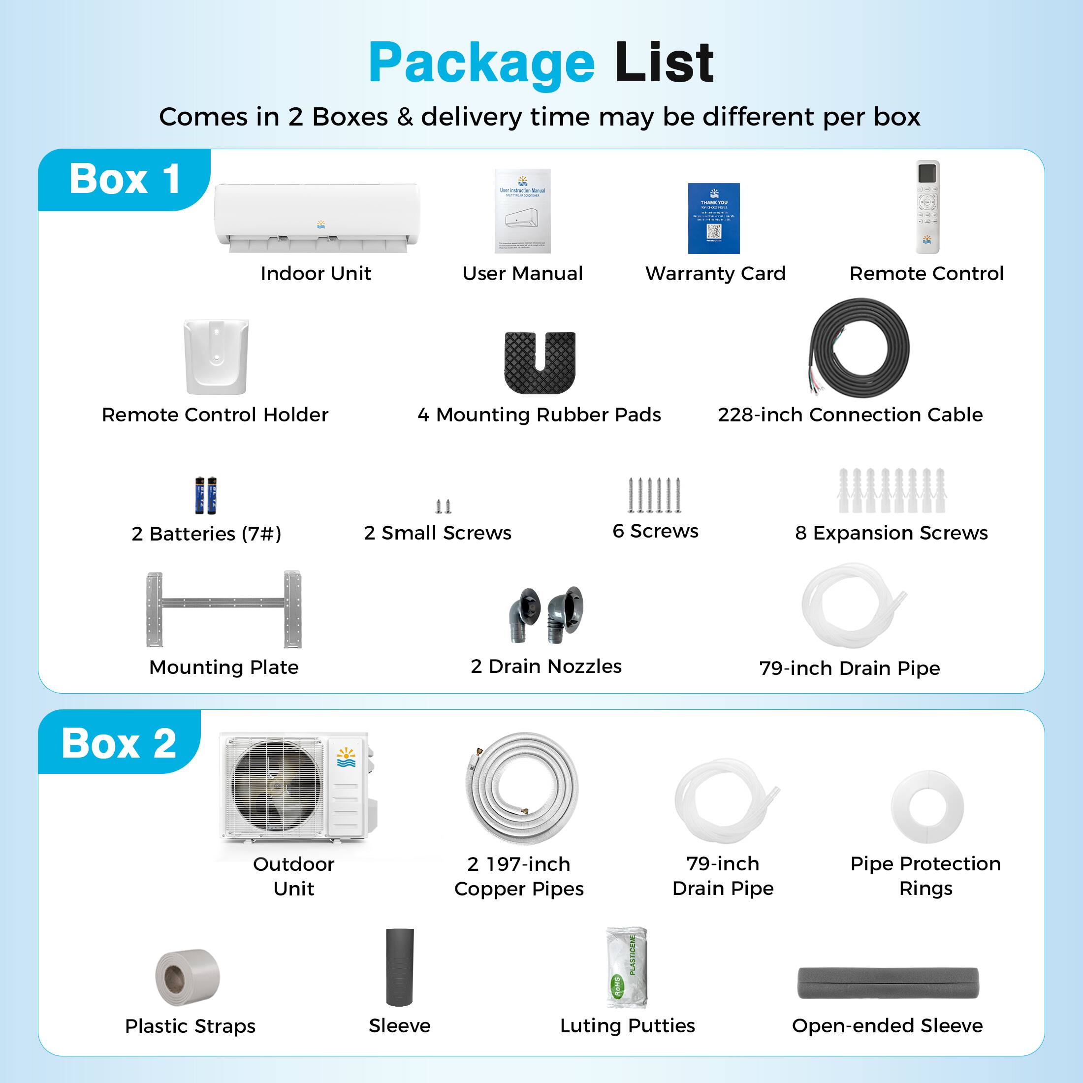 Package List  
Comes in 2 Boxes & delivery time may be different per box  

**Box 1**  
- Indoor Unit  
- User Manual  
- Warranty Card  
- Remote Control  
- Remote Control Holder  
- 4 Mounting Rubber Pads  
- 228-inch Connection Cable  
- 2 Batteries (7#)  
- 2 Small Screws  
- 6 Screws  
- 8 Expansion Screws  
- Mounting Plate  
- 2 Drain Nozzles  
- 79-inch Drain Pipe  

**Box 2**  
- Outdoor Unit  
- 2 197-inch Copper Pipes  
- 79-inch Drain Pipe  
- Pipe Protection Rings  
- Plastic Straps  
- Sleeve  
- Luting Putties  
- Open-ended Sleeve