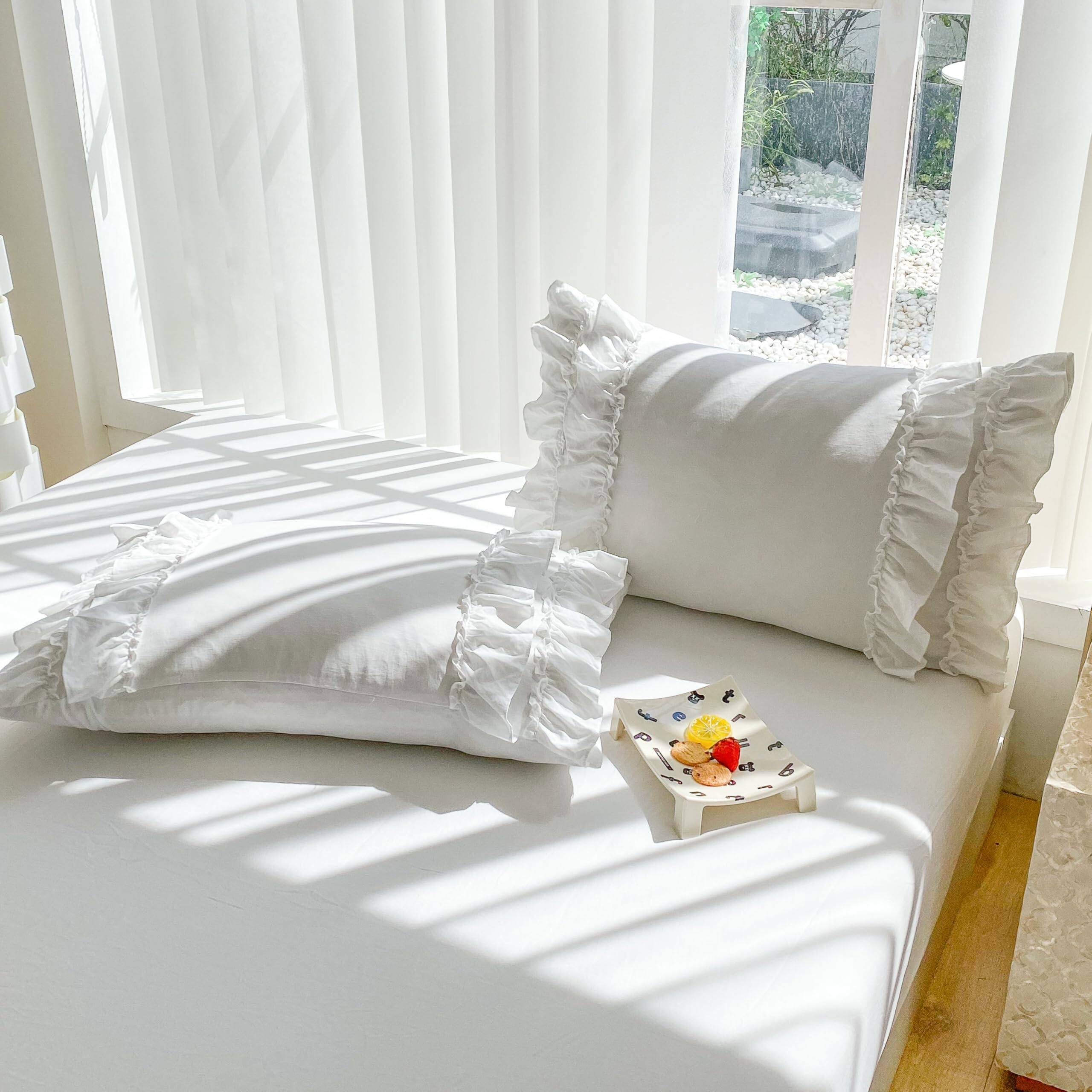 Alt View 2. Earthley Blooms - Shabby Chic 3 Pieces Bedding Vintage Ruffled Full Duvet Cover Set With 2 Layers Ruffles Soft Brushed - Solid White-Queen.