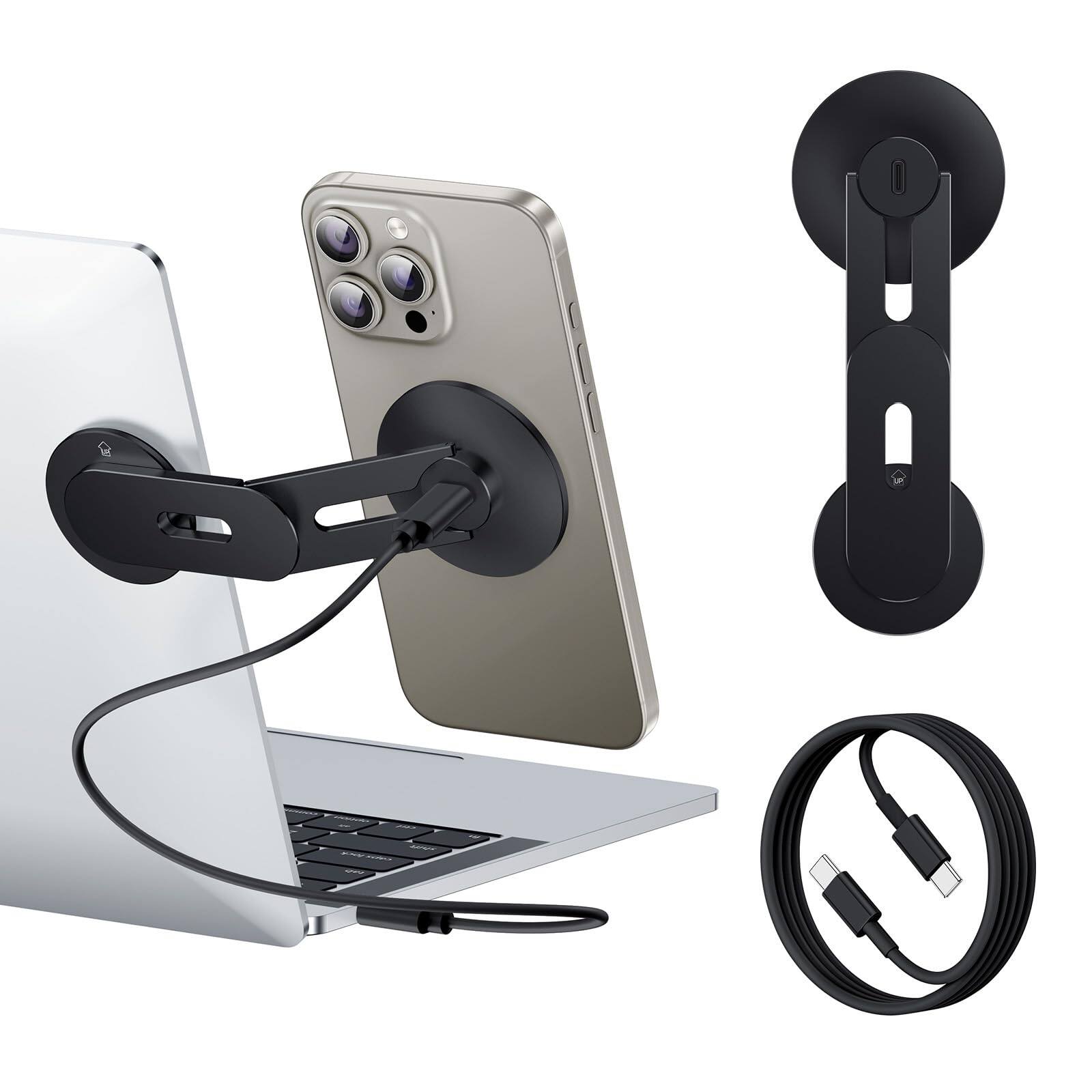 Front. PO3TICJUNKI3 - Laptop Phone Holder Magnetic Stand 15w Fast Wireless For Magsafe 17/16/15/14/13/12 & All Phones (black) - Black.