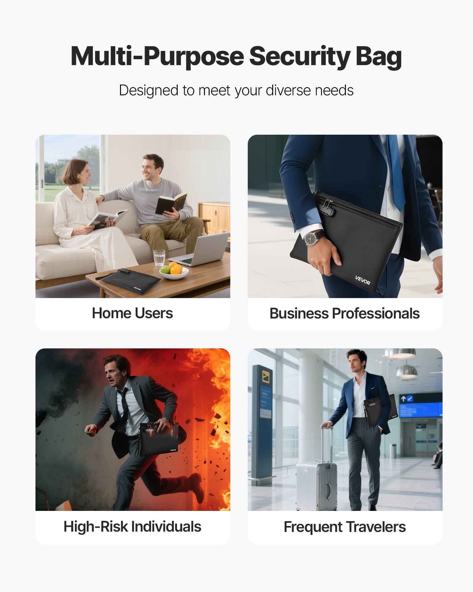 Multi-Purpose Security Bag  
Designed to meet your diverse needs  

Home Users  
Business Professionals  
High-Risk Individuals  
Frequent Travelers