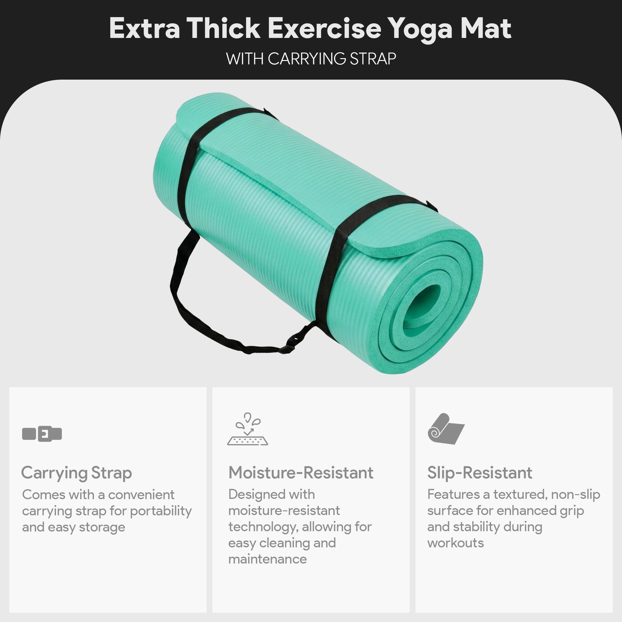 Extra Thick Exercise Yoga Mat WITH CARRYING STRAP

Carrying Strap
Comes with a convenient carrying strap for portability and easy storage

Moisture-Resistant
Designed with moisture-resistant technology, allowing for easy cleaning and maintenance

Slip-Resistant
Features a textured, non-slip surface for enhanced grip and stability during workouts