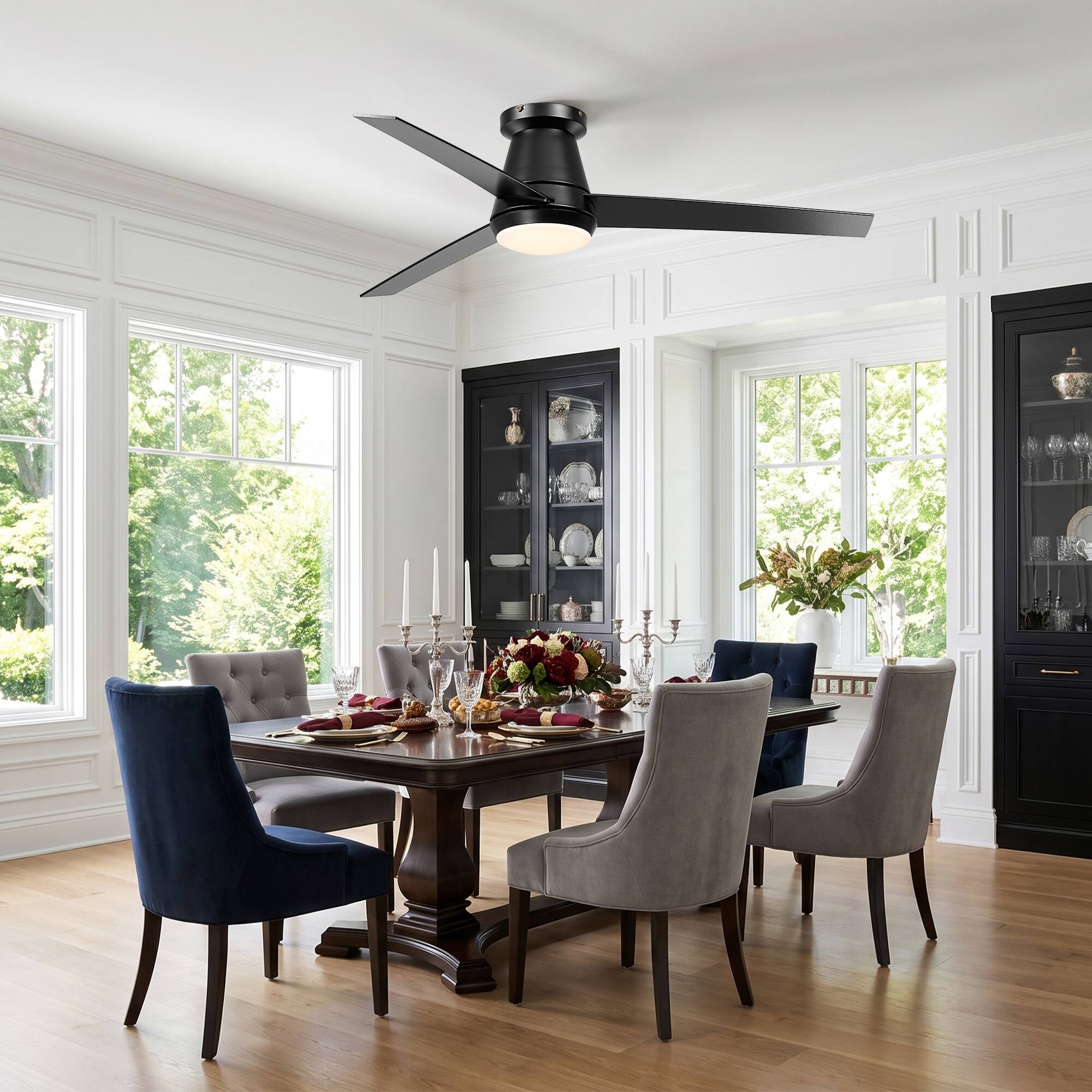 Left. Vaczon - 52" Modern Reversible Blades Smart Flush Mount Ceiling Fan with App Control and 3CCT Dimmable LED - Black.