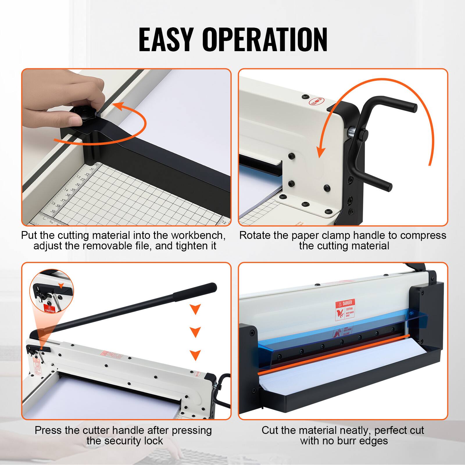 EASY OPERATION

- Put the cutting material into the workbench, adjust the removable file, and tighten it
- Rotate the paper clamp handle to compress the cutting material
- Press the cutter handle after pressing the security lock
- Cut the material neatly, perfect cut with no burr edges