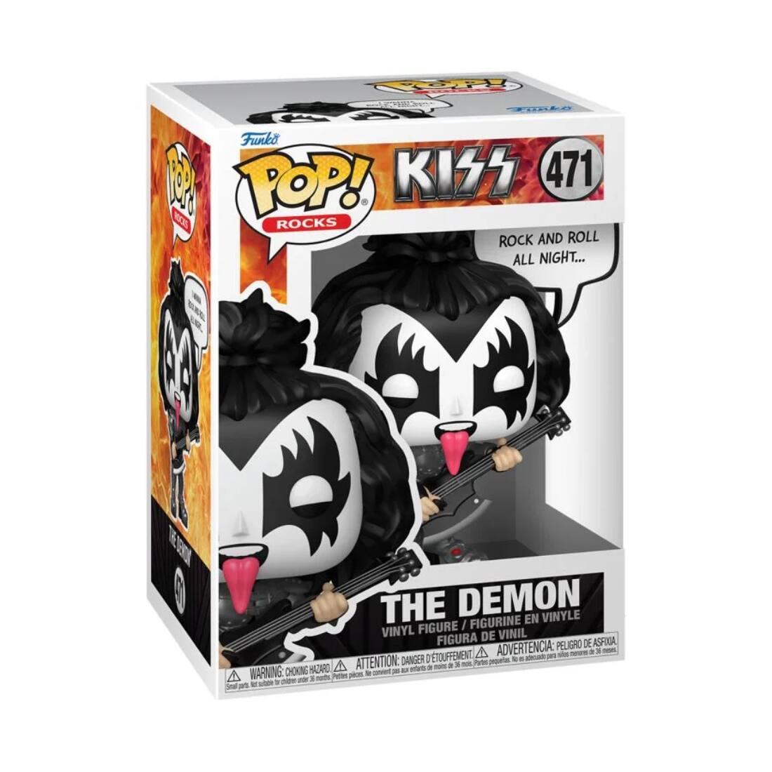 Funko POP! ROCKS  
KISS 471  
ROCK AND ROLL ALL NIGHT...  

THE DEMON  
VINYL FIGURE / FIGURINE EN VINYLE / FIGURA DE VINIL  
WARNING: CHOKING HAZARD - ATTENTION: PEUGURO DE ASFIXIA - ADVERTENCIA: PEUGURO DE ASFIXIA  
Small parts not suitable for children under 3 years. Petite pièce non adaptée pour les enfants de moins de 3 ans.