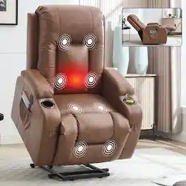 PexFix - Infinite Position Power Lift Recliner for Elderly, 350 LBS Capacity, 8-Point Vibration Massage, Heat & USB Port - Brown