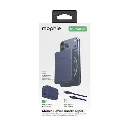 mophie. $80 VALUE mophie 15W Wireless Charging. 5,000mAh Internal Battery. 42W Dual Port Wall Charger. 3FT USB-C to USB-C Cable. Mobile Power Bundle (3pc). Wall charger. Cable. Magnetic power bank. Everything you need. from home to travel. For Apple and Android devices.