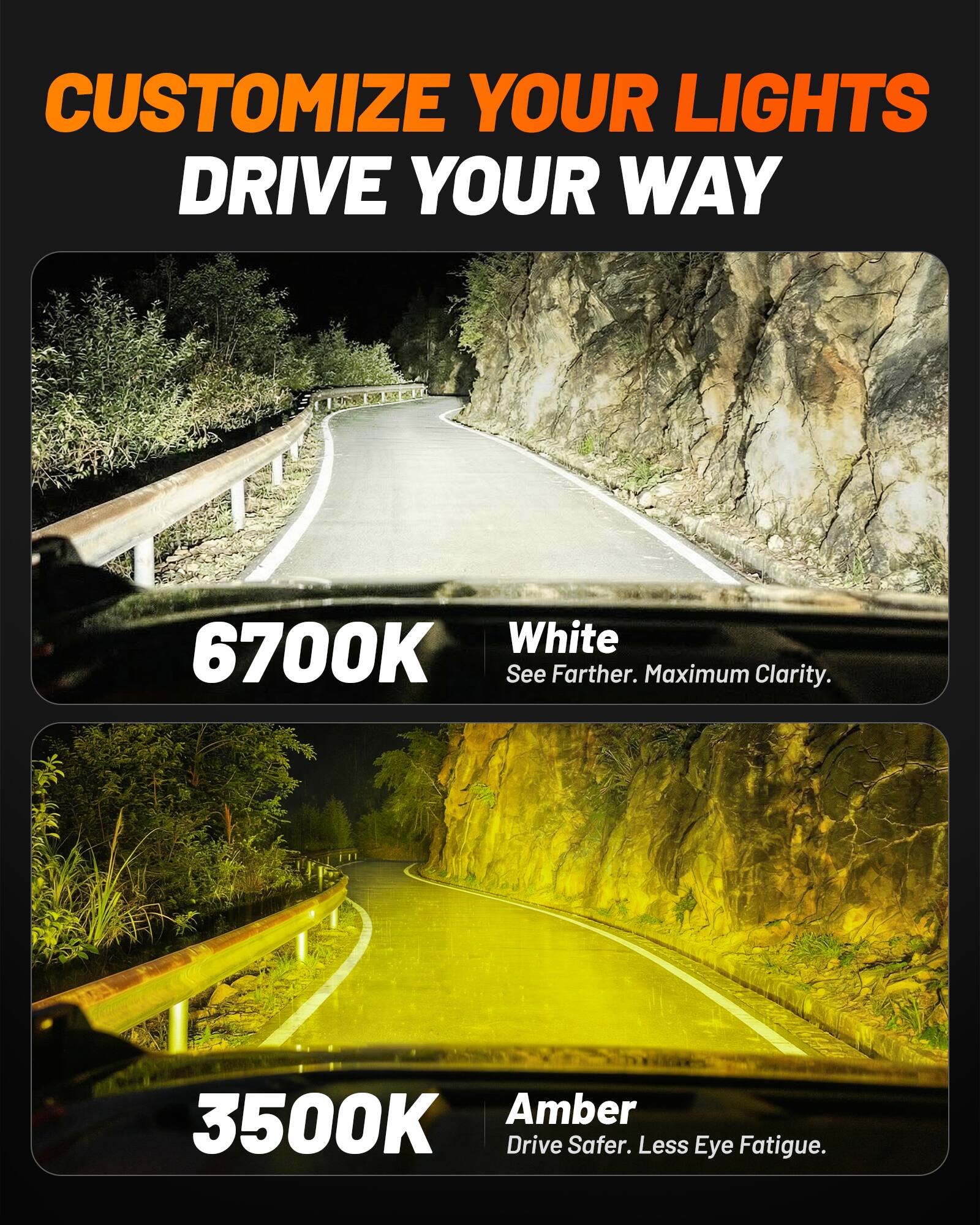 CUSTOMIZE YOUR LIGHTS DRIVE YOUR WAY

6700K White
See Farther. Maximum Clarity.

3500K Amber
Drive Safer. Less Eye Fatigue.