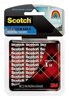 REUSE AGAIN & AGAIN
Scotch® RESTICKABLE MOUNTING SQUARES
HOLDS UP TO 1 LB
18 (1 IN x 1 IN) (2.54 cm x 2.54 cm) EA
3M