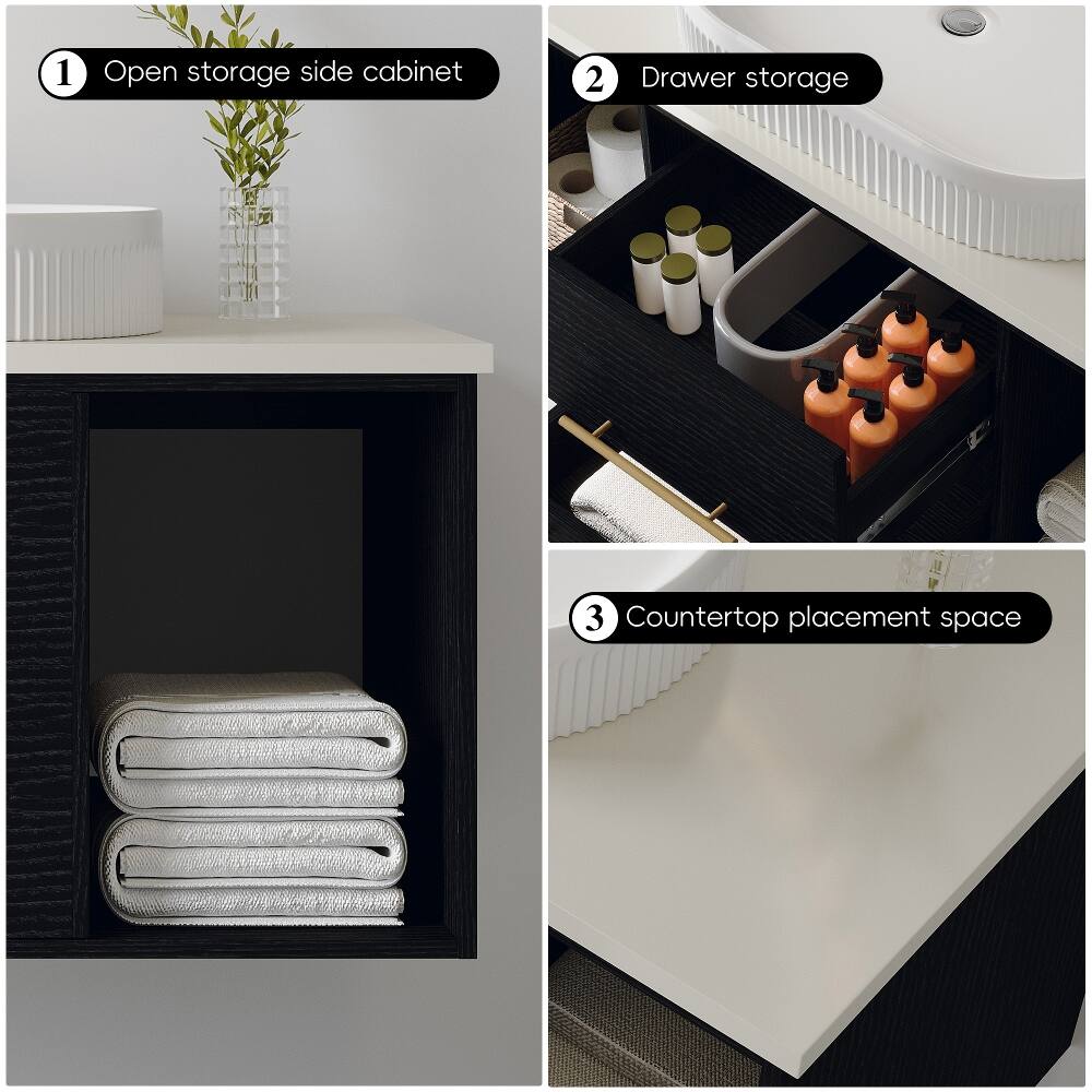 1. Open storage side cabinet
2. Drawer storage
3. Countertop placement space