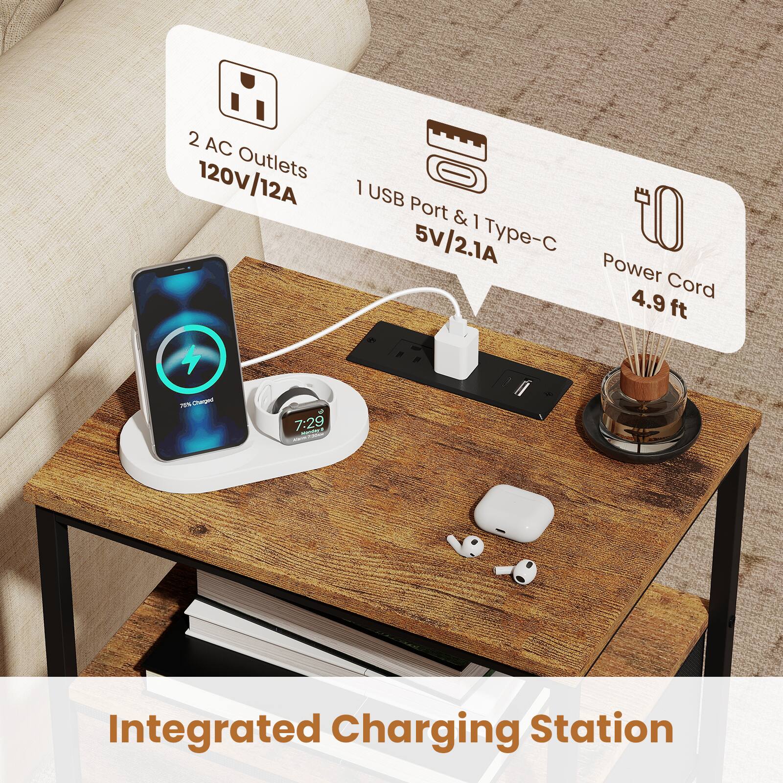 2 AC Outlets 120V/12A  
1 USB Port & 1 Type-C 5V/2.1A  
Power Cord 4.9 ft  
75% Charged  
7:29 Monday  
Integrated Charging Station