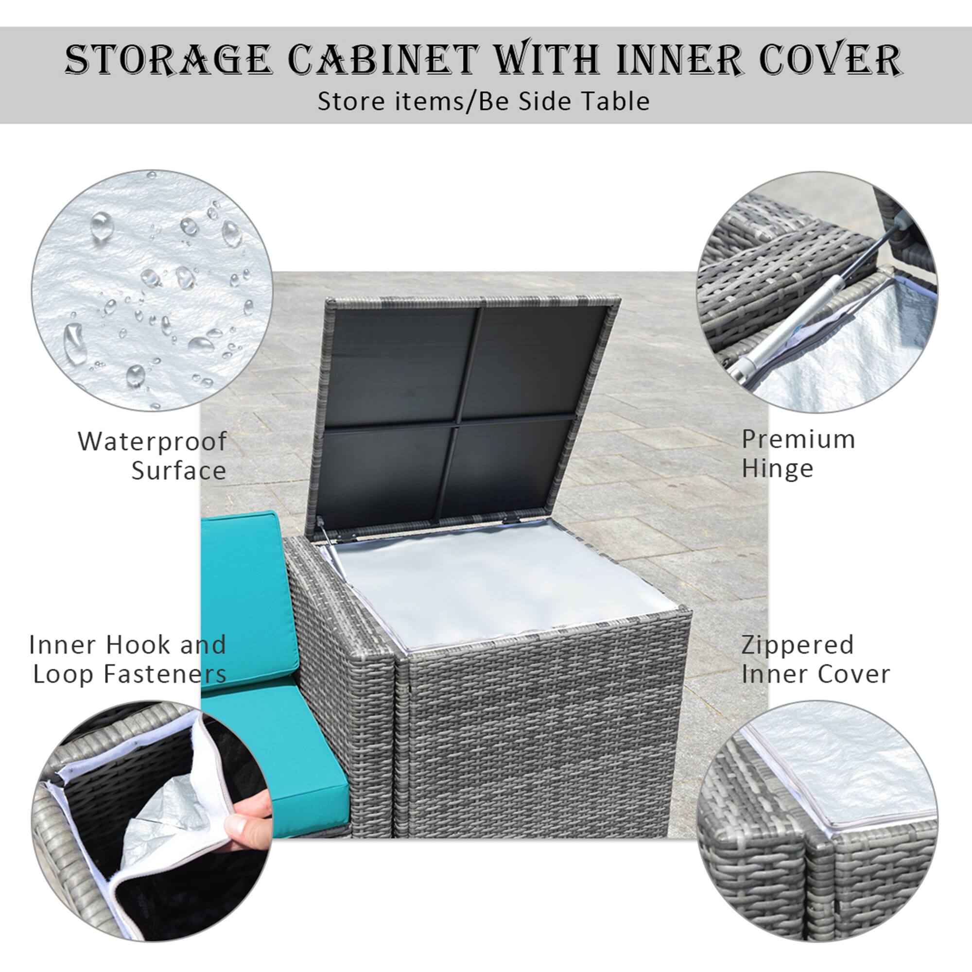 STORAGE CABINET WITH INNER COVER  
Store items/Be Side Table  

- Waterproof Surface  
- Premium Hinge  
- Zippered Inner Cover  
- Inner Hook and Loop Fasteners