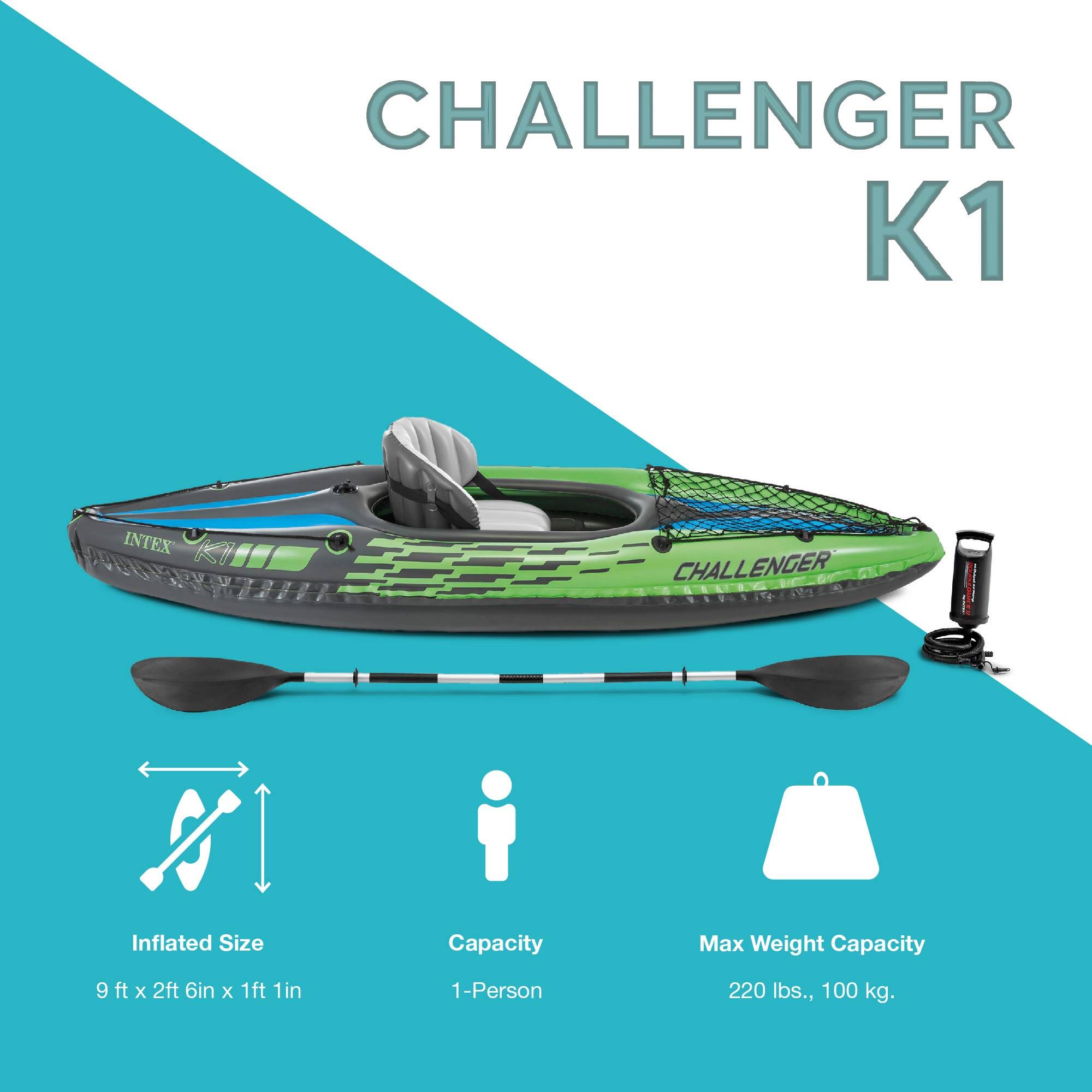 CHALLENGER K1  
INTEX CHALLENGER 2  

Inflated Size: 9 ft x 2ft 6in x 1ft 1in  
Capacity: 1-Person  
Max Weight Capacity: 220 lbs., 100 kg.