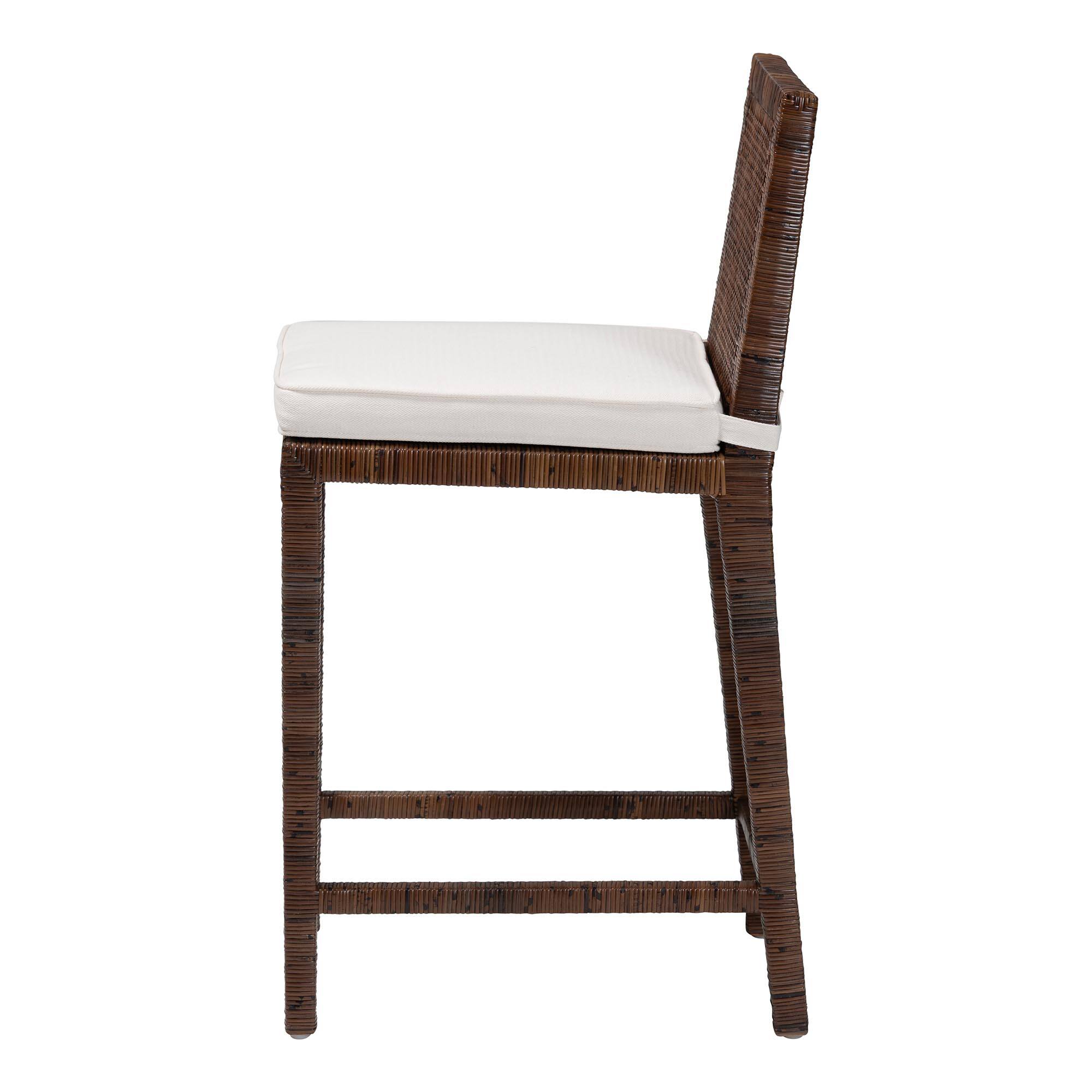 Left. bali & pari - Sofia Rattan Counter Stool with Mahogany Wood Frame - Handwoven Wicker Counter Height Chair with Cushion - Antique Coffee.