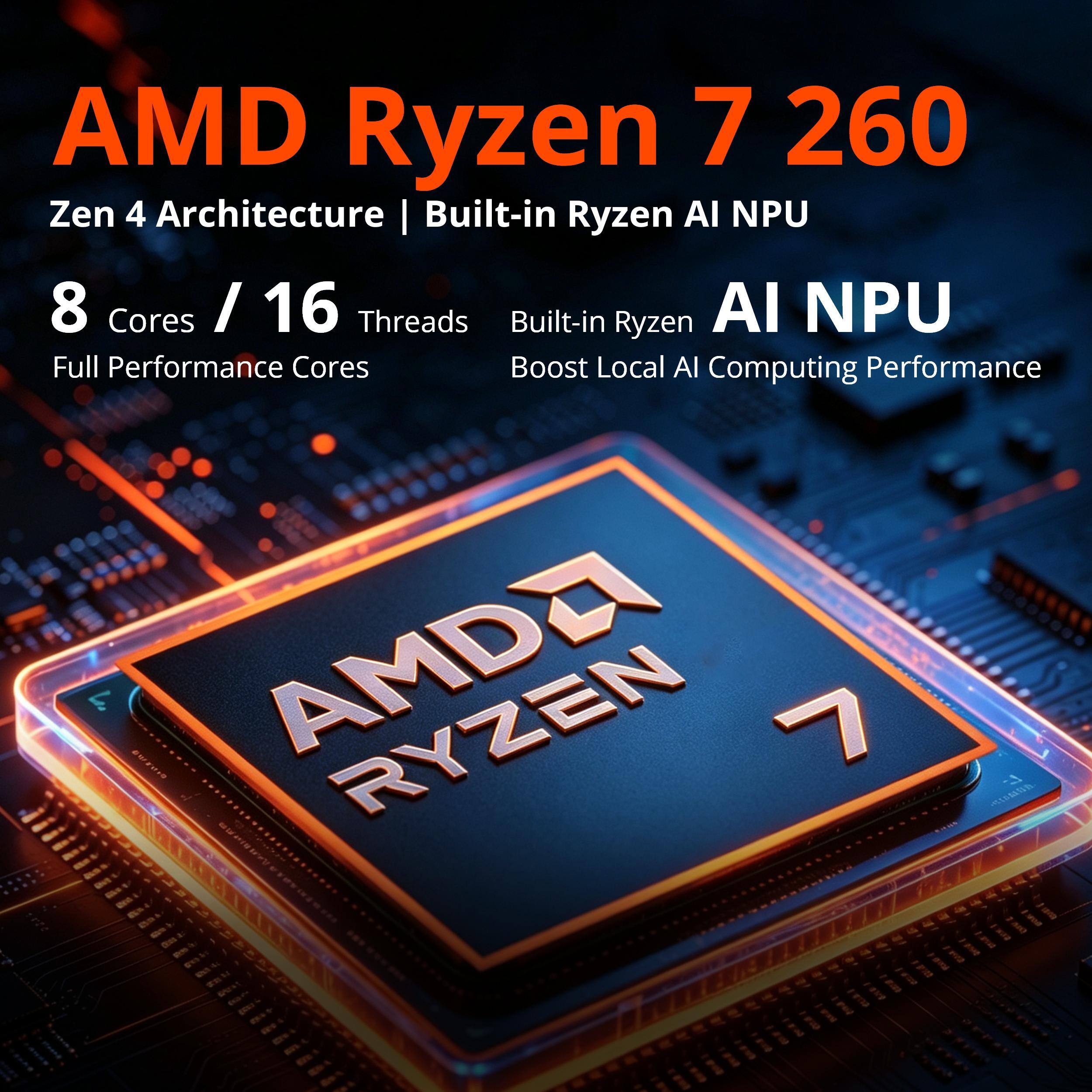 AMD Ryzen 7 260  
Zen 4 Architecture | Built-in Ryzen AI NPU  
8 Cores / 16 Threads  
Full Performance Cores  
Built-in Ryzen AI NPU  
Boost Local AI Computing Performance