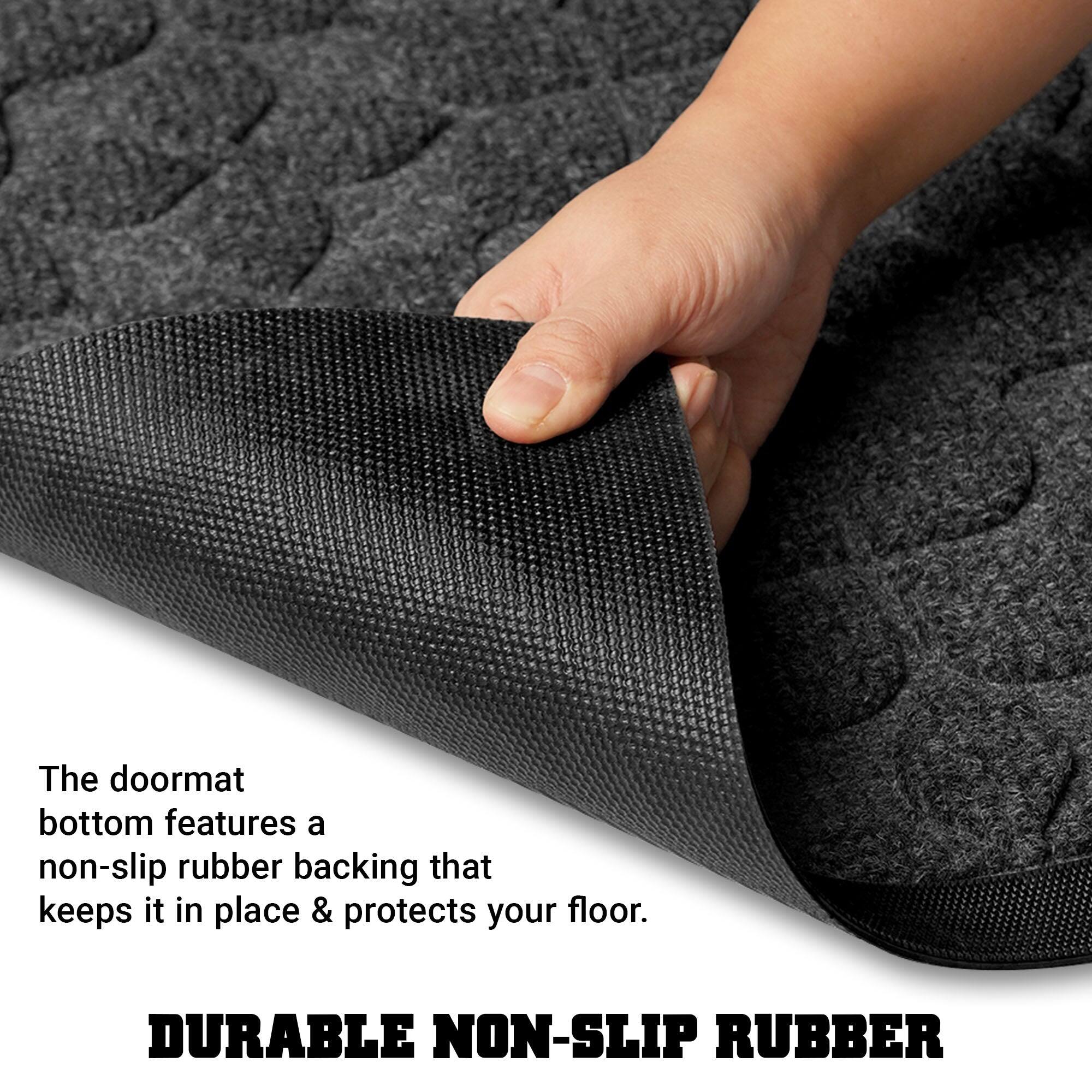 The doormat bottom features a non-slip rubber backing that keeps it in place & protects your floor. DURABLE NON-SLIP RUBBER