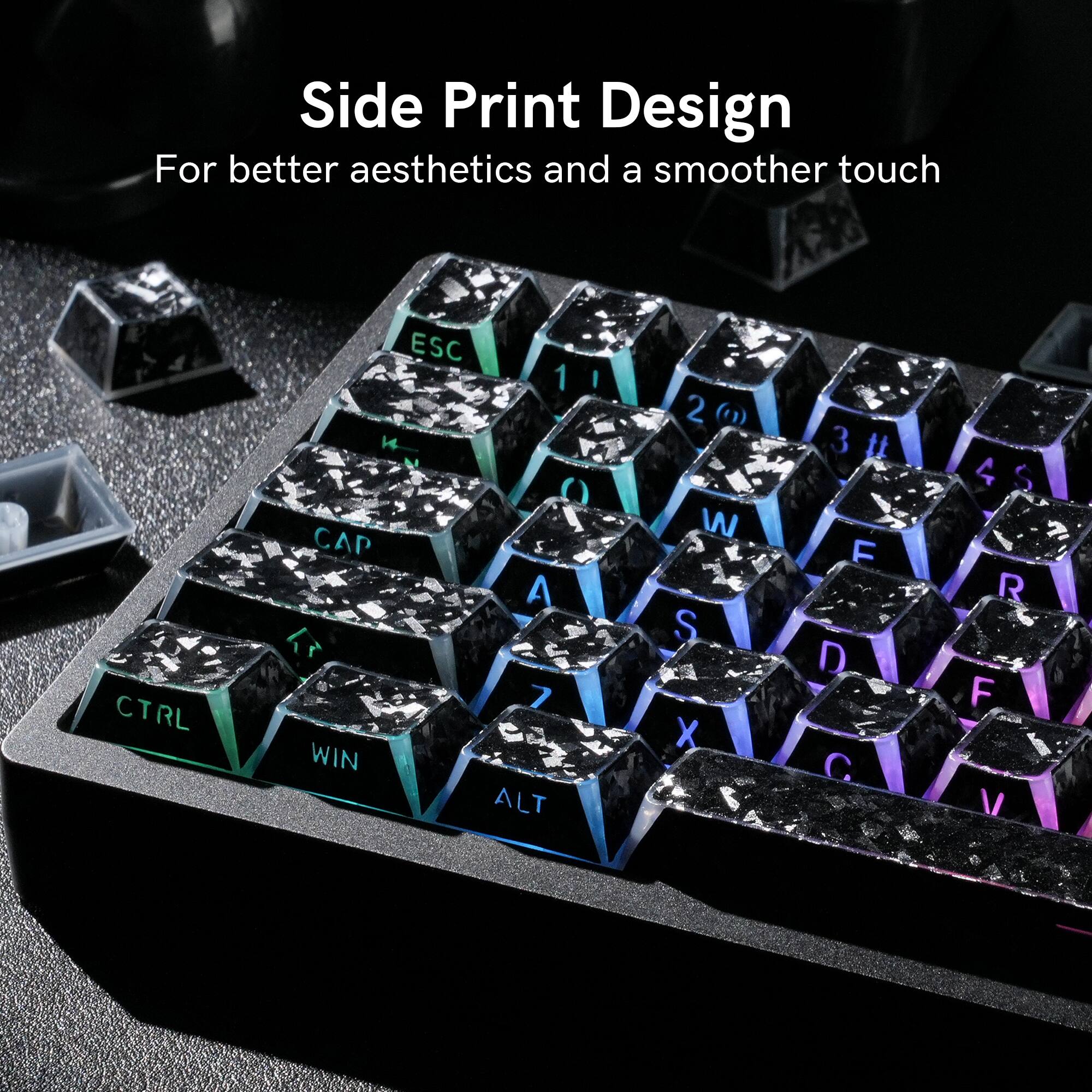 Side Print Design  
For better aesthetics and a smoother touch  

CTRL ESC 1 CAP A 7 WIN ALT  
I 2 () W S X  
3 # F D C  
4 S R F V