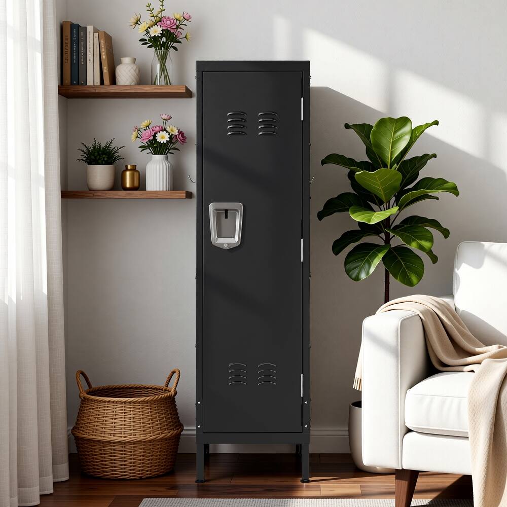 Alt View 6. Loheer - Loheer 55 Inch Tall Metal Wardrobe Cabinet, Waterproof Steel Clothing Locker with Lock and Ventilated Door - Matte Black.