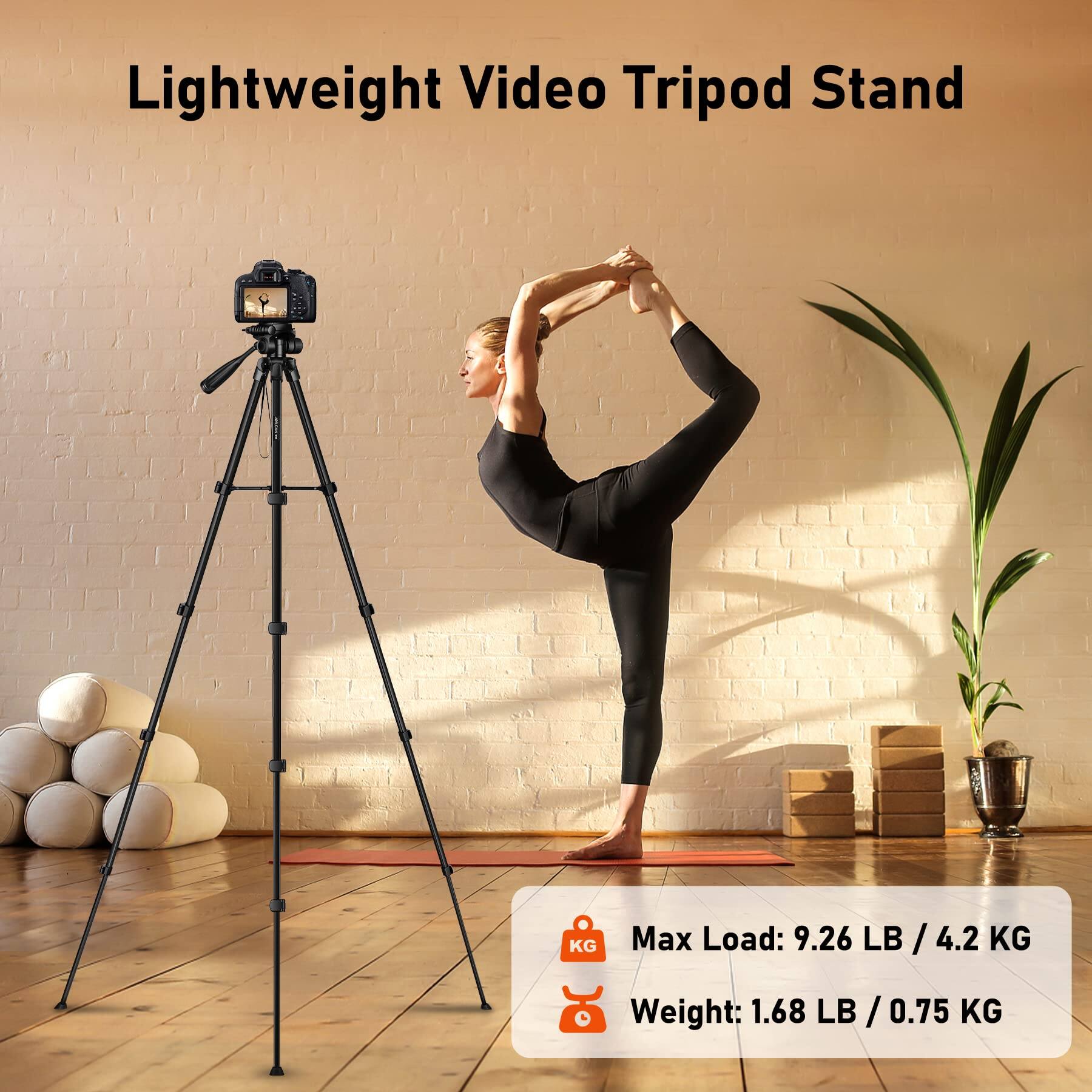 Lightweight Video Tripod Stand

Max Load: 9.26 LB / 4.2 KG

Weight: 1.68 LB / 0.75 KG