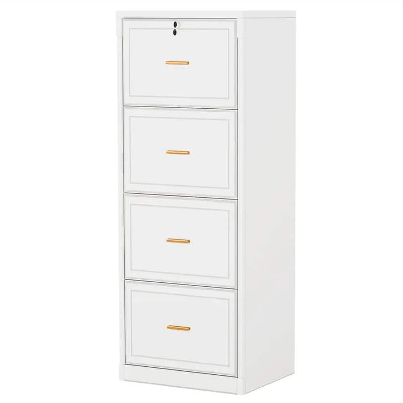 HTUTWOO - 4 Drawer File Cabinet - Vertical Filing Cabinet with Lock, Full Extension Drawers, Adjustable Hanging Bars, Gold Handles - White