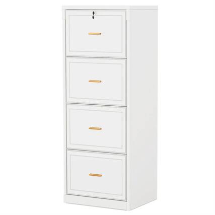 Front. HTUTWOO - 4 Drawer File Cabinet - Vertical Filing Cabinet with Lock, Full Extension Drawers, Adjustable Hanging Bars, Gold Handles - White.