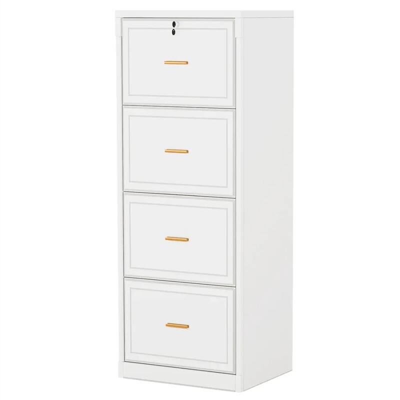 HTUTWOO - 4 Drawer File Cabinet - Vertical Filing Cabinet with Lock, Full Extension Drawers, Adjustable Hanging Bars, Gold Handles - White