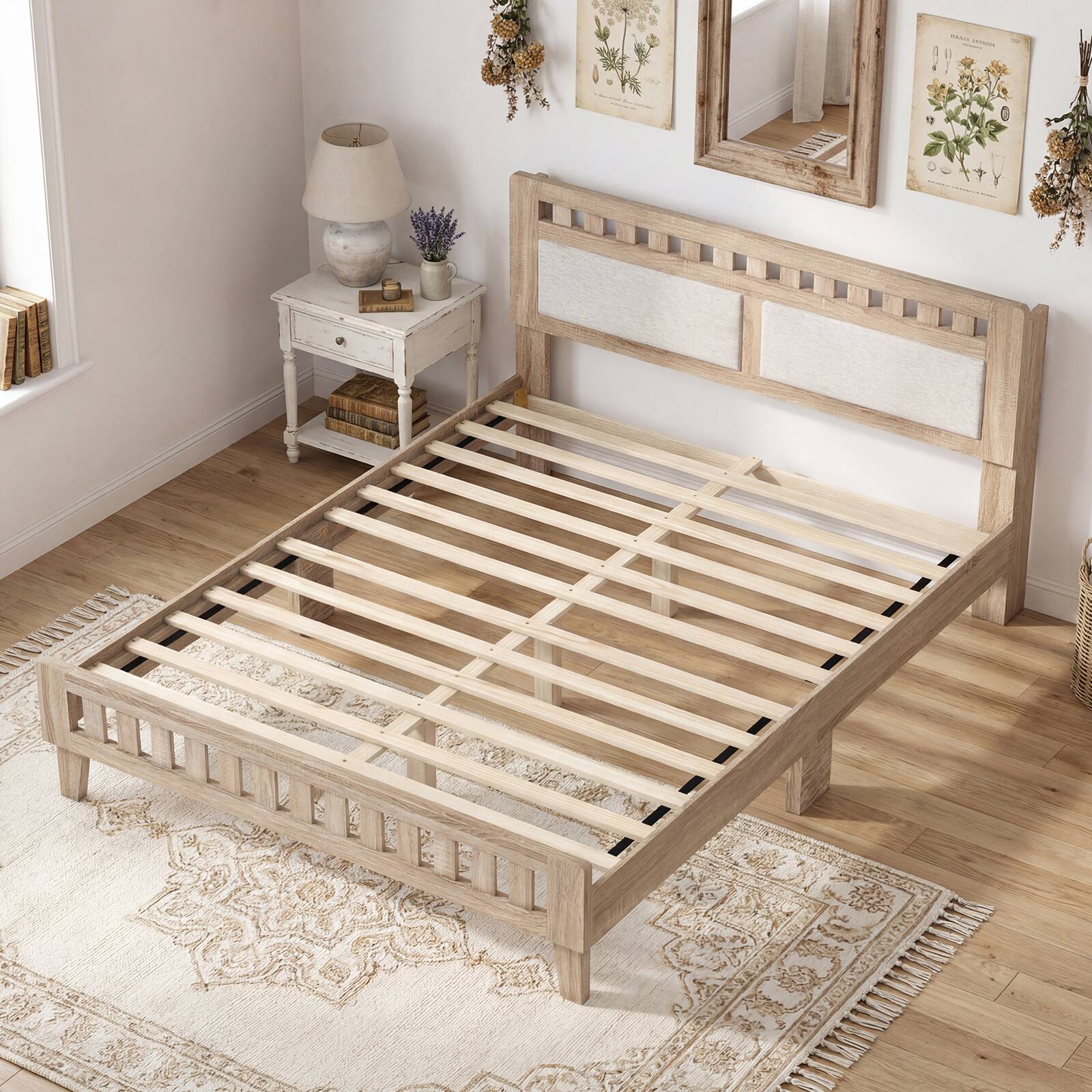 Front. Gymax - Gymax Full Wood Bed Frame w/Upholstered Headboard Solid Wood Leg Wooden Slat Support - Beige.