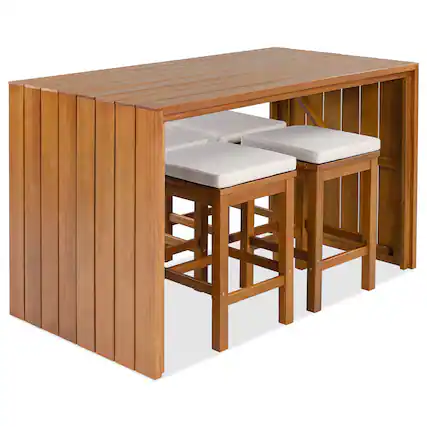 Front. Whisen - 5-Piece Outdoor Bar Height Dining Set, Patio Acacia Wood Bar Table with 4 Chairs and Removable Cushions - Natural|Beige.
