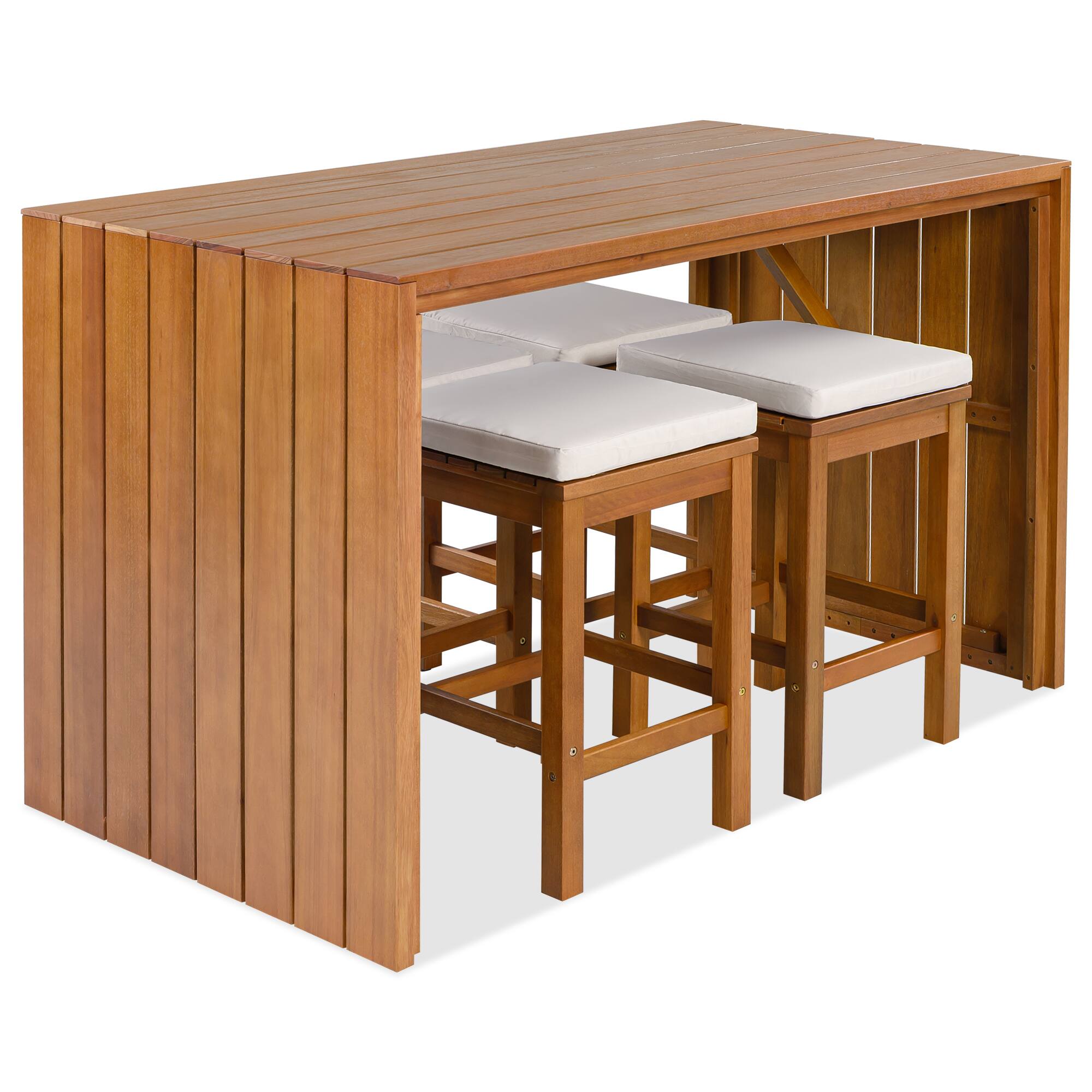 Front. Whisen - 5-Piece Outdoor Bar Height Dining Set, Patio Acacia Wood Bar Table with 4 Chairs and Removable Cushions - Natural|Beige.