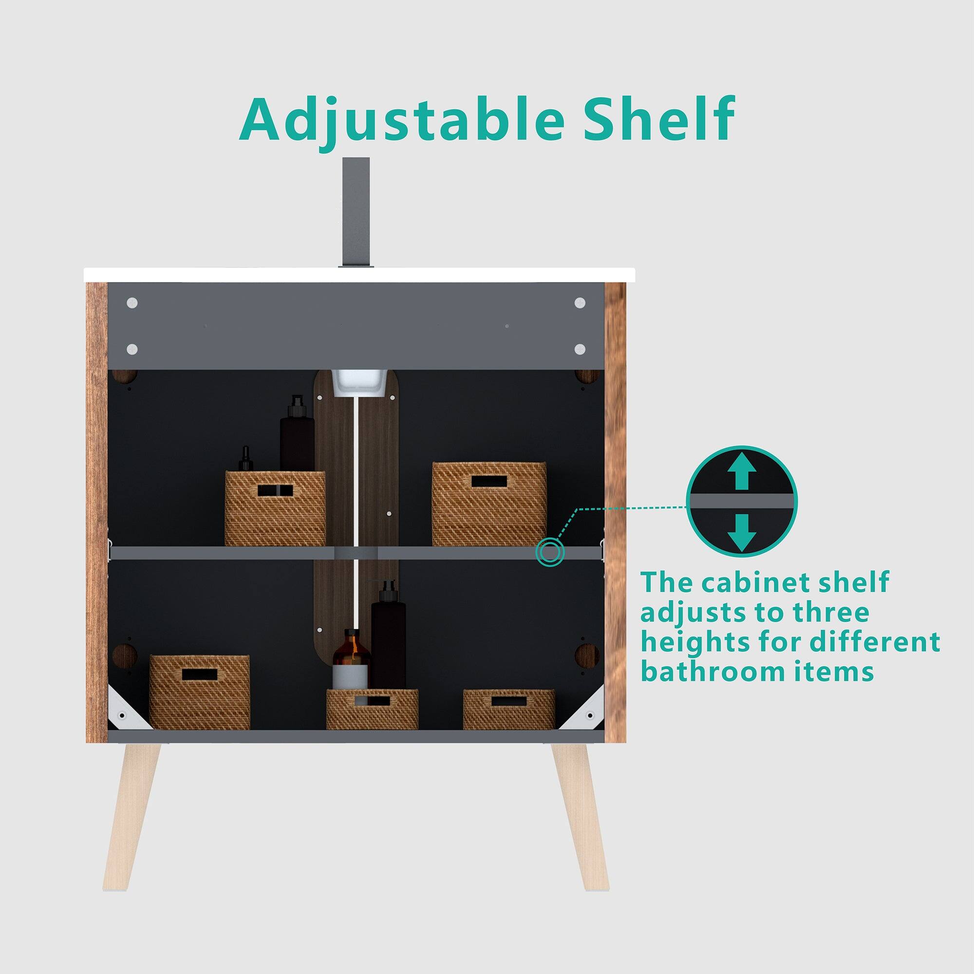 Adjustable Shelf

The cabinet shelf adjusts to three heights for different bathroom items