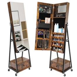 Oumilen - Rolling Lockable Jewelry Armoire with Full-Length Mirror & Storage Drawer - Brown