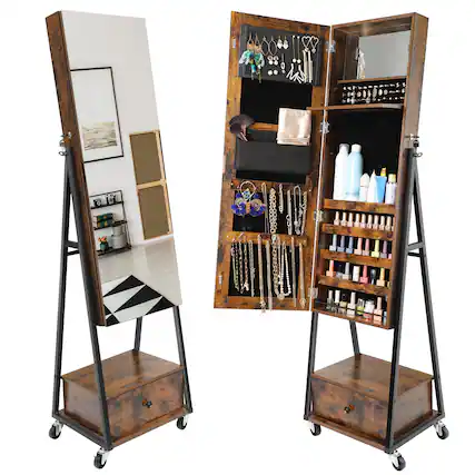 Front. Oumilen - Rolling Lockable Jewelry Armoire with Full-Length Mirror & Storage Drawer - Brown.