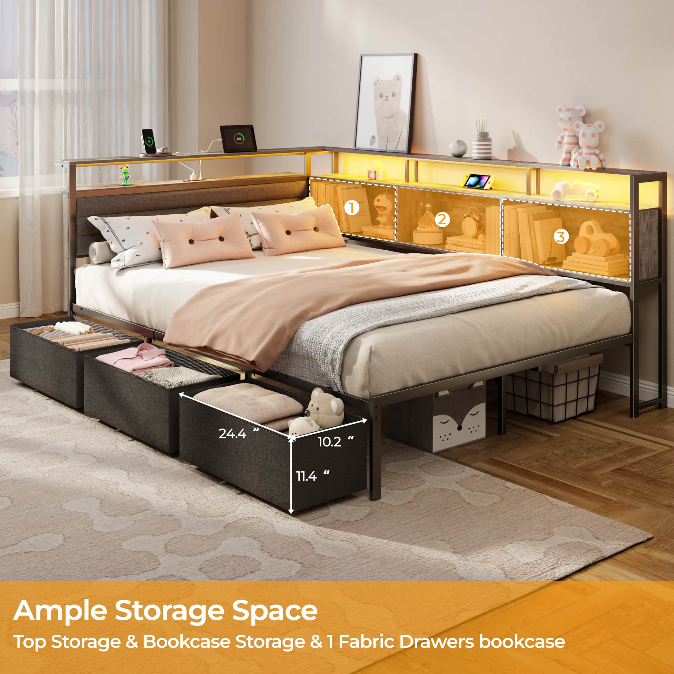 Furnulem - Corner Bed Frame with 3 Drawers and Storage Bookcase Daybed with Charging Station and LED Lights - Gray price history on PriceWatchPro