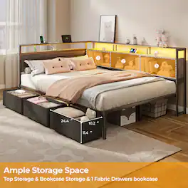 Furnulem - Corner Bed Frame with 3 Drawers and Storage Bookcase Daybed with Charging Station and LED Lights - Gray