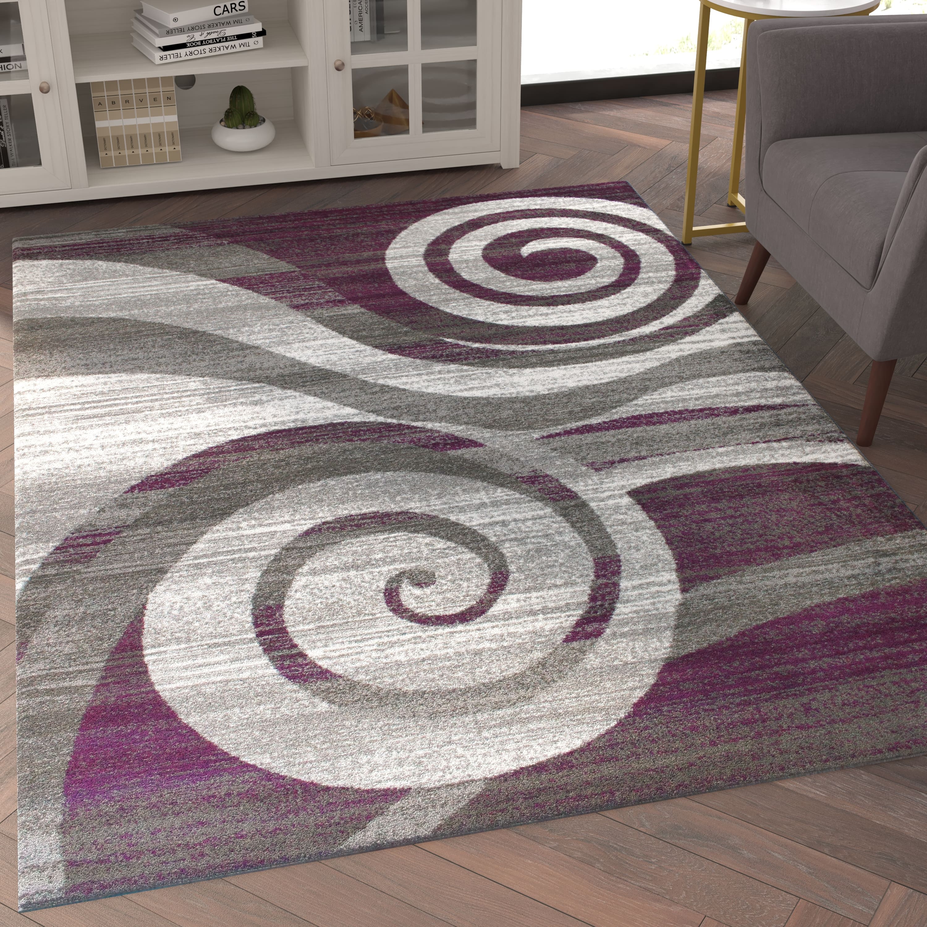 Emma + Oliver - Aeris Contemporary Swirl Plush Pile Accent Rug with Scraped Effect and Jute Backing - Purple