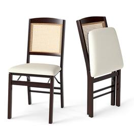 Costway - Folding Dining Chairs Set of 2 with Linen Padded Seat & Rattan Backrest for Kitchen - Coffee + Natural + Beige