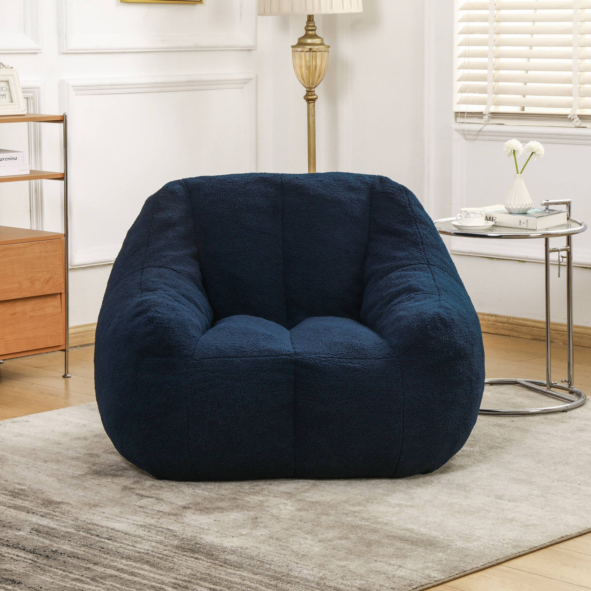 Back. GOODSILO - Large Faux Fur Bean Bag Chair with Memory Foam Filling for Ultimate Comfort and Support - Dark Blue.