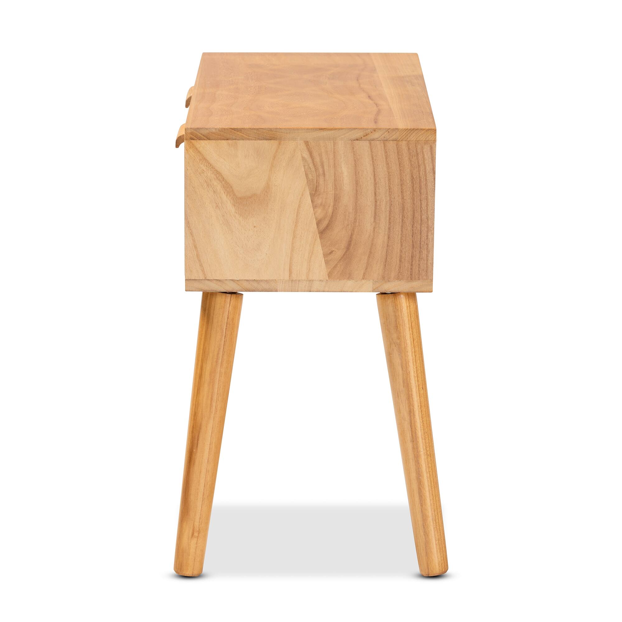 Back. Baxton Studio - Falan Mid-Century Modern Finished Wood 2-Drawer Console Table with Rattan - Brown/Oak Brown.