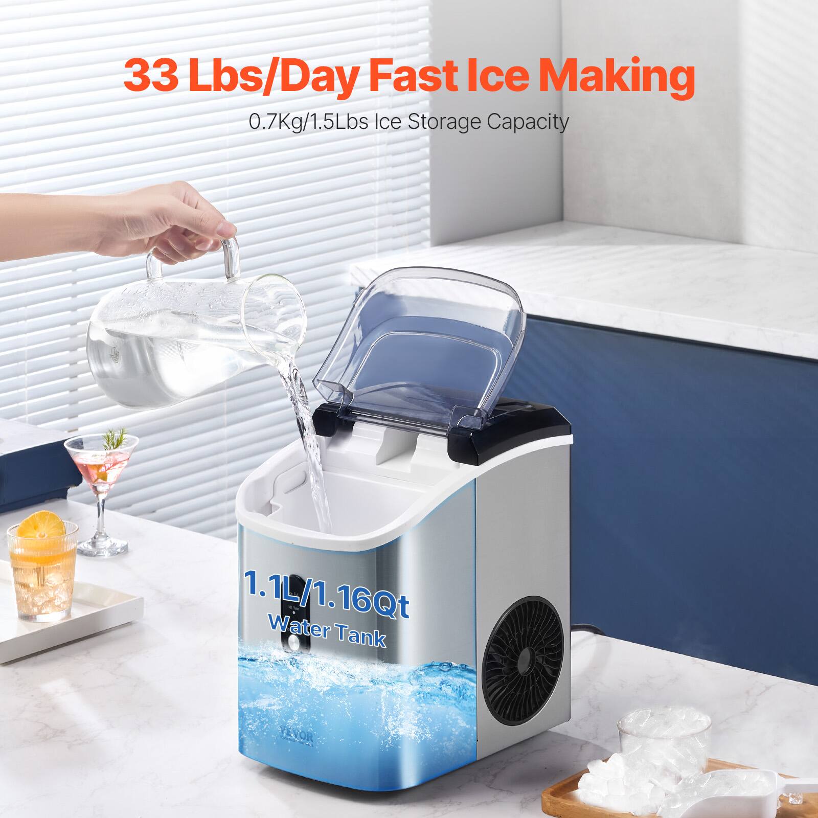 33 Lbs/Day Fast Ice Making  
0.7Kg/1.5Lbs Ice Storage Capacity  
1.1L/1.16Qt Water Tank