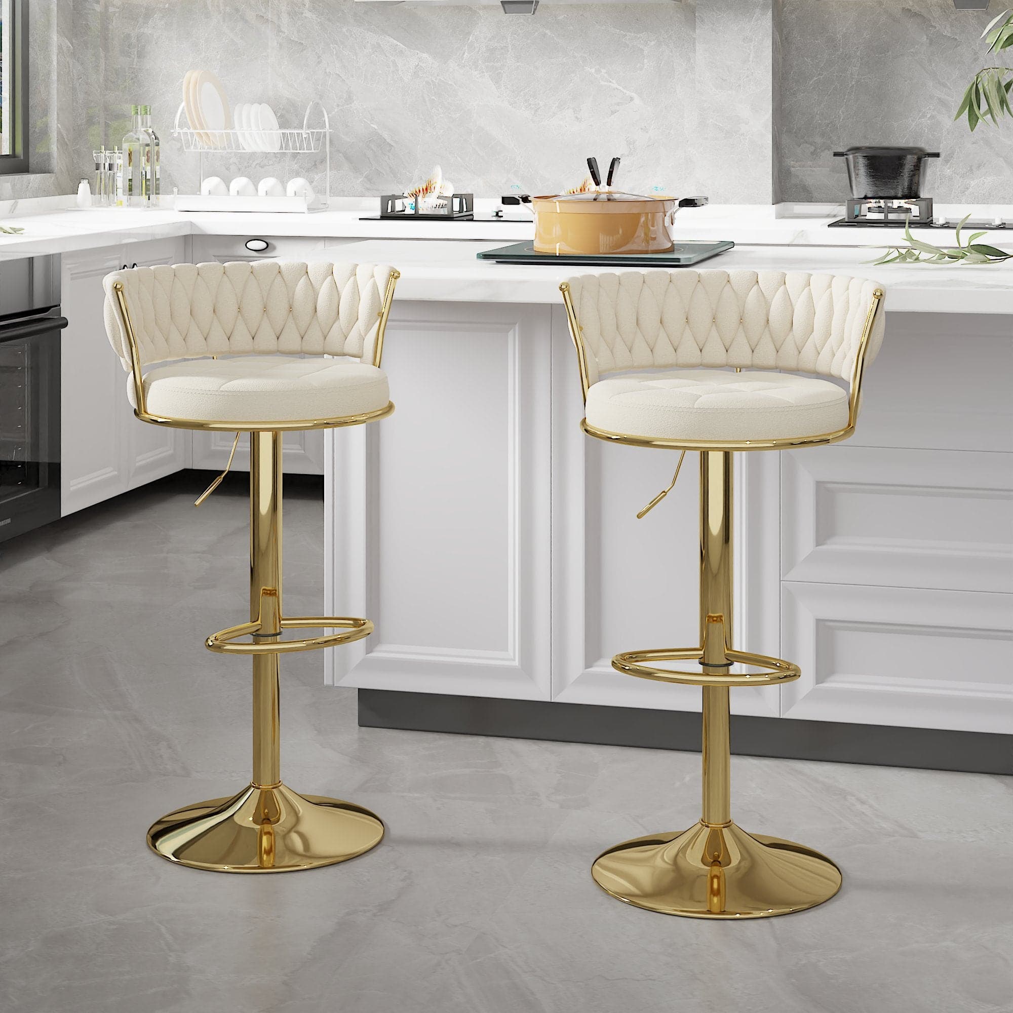 Front. Vecelo - Set of 2 Velvet Bar Stools with 360° Swivel & Adjustable Height - Modern Counter Stools - White.
