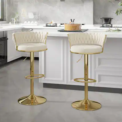Front. Vecelo - Set of 2 Velvet Bar Stools with 360° Swivel & Adjustable Height - Modern Counter Stools - White.