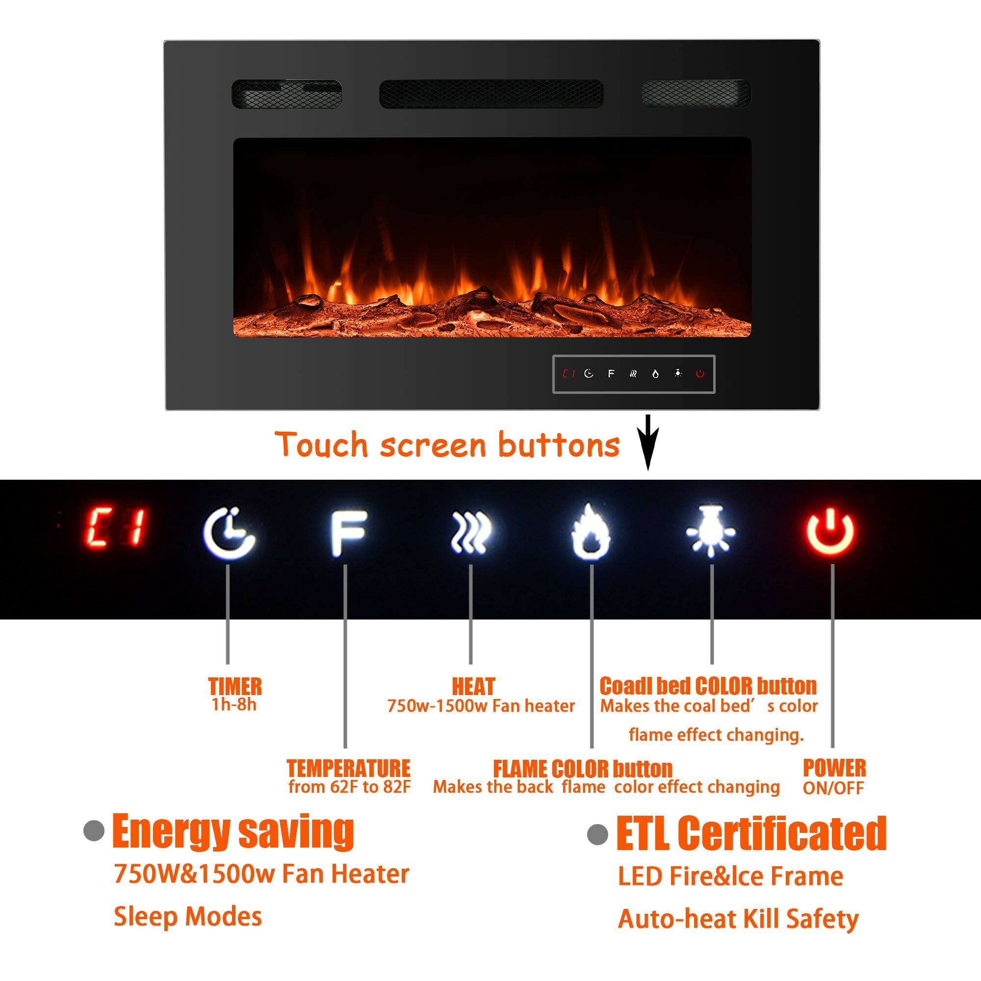Touch screen buttons
E1
TIMER
HEAT
Coadl bed COLOR button
1h-8h
750w-1500w Fan heater
Makes the coal bed's color flame effect changing.
TEMPERATURE
FLAME COLOR button
POWER
from 62F to 82F
Makes the back flame color effect changing
ON/OFF
Energy saving
ETL Certificated
750W&1500w Fan Heater
LED Fire&Ice Frame
Sleep Modes
Auto-heat Kill Safety