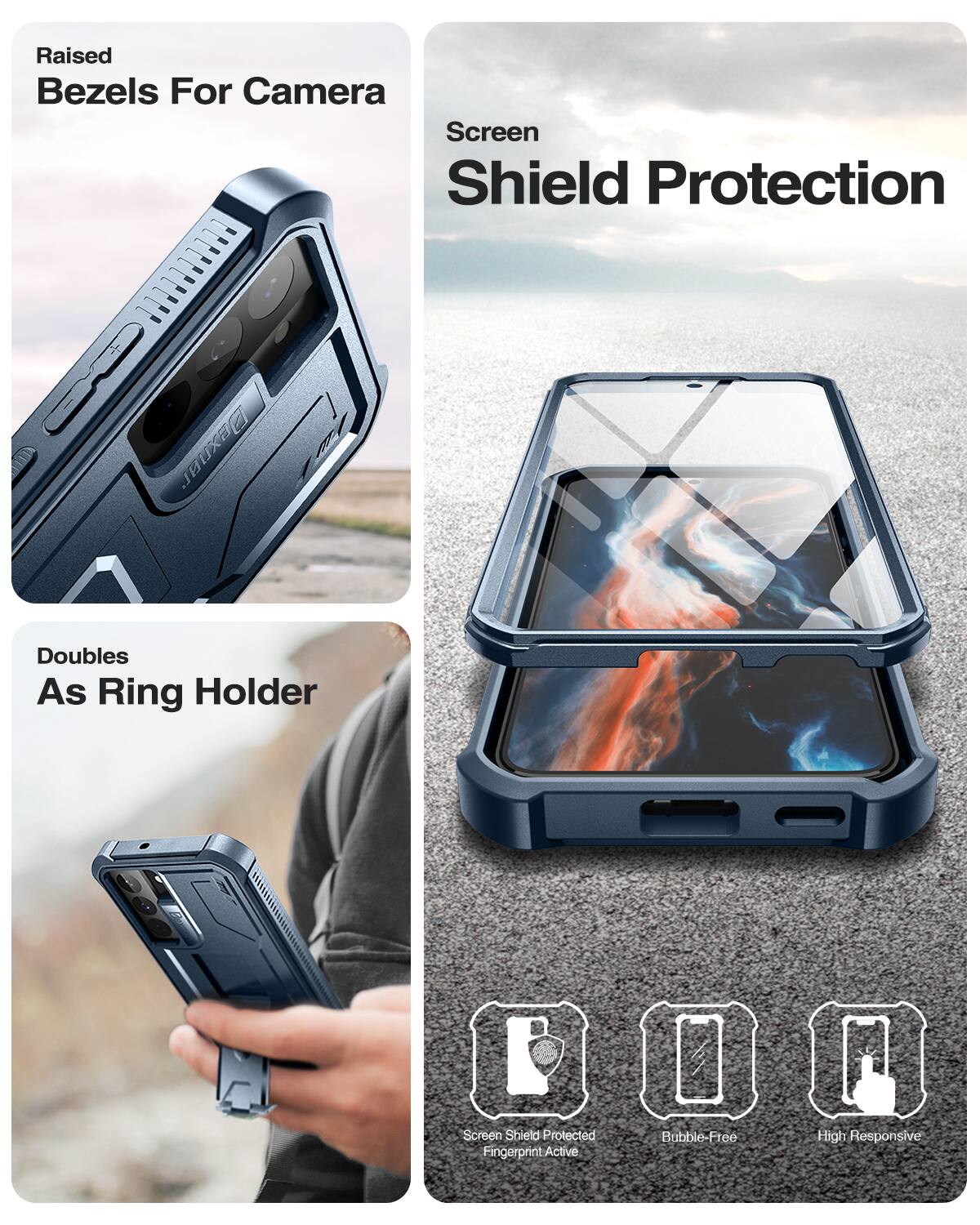 Raised Bezels For Camera  
Screen Shield Protection  
Doubles As Ring Holder  

Screen Shield Protected  
Bubble-Free  
High Responsive  
Fingerprint Active