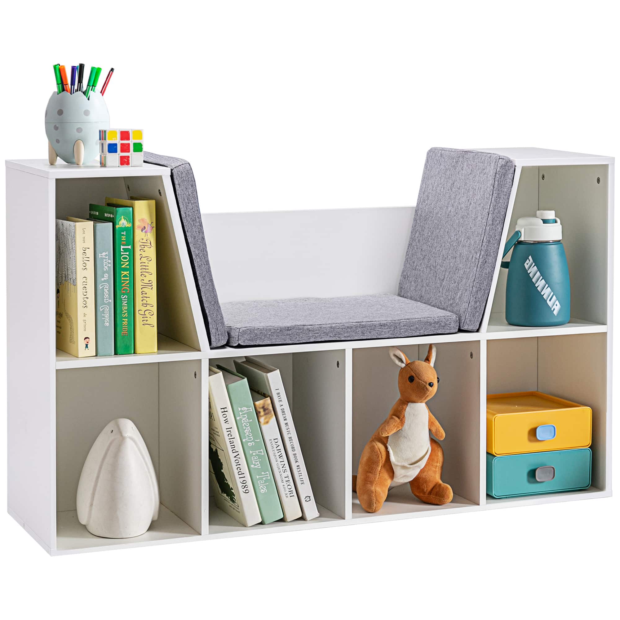 Homcom - 6-Cubby Kids Bookcase, Reading Nook and Cushion, Multi-Purpose Storage Organizer, Bedroom, Living Room - White