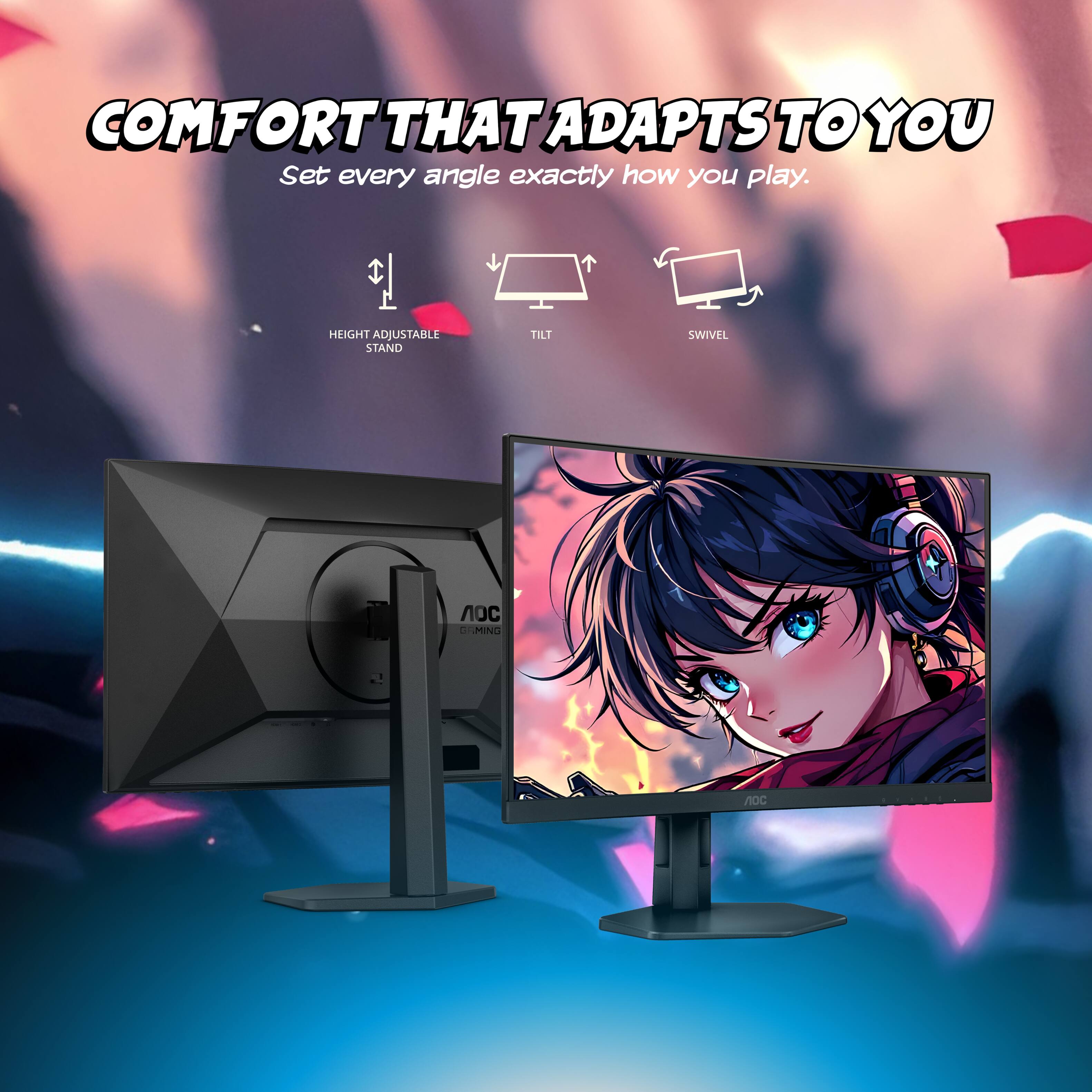 COMFORT THAT ADAPTS TO YOU  
Set every angle exactly how you play.  

- HEIGHT ADJUSTABLE STAND  
- TILT  
- SWIVEL