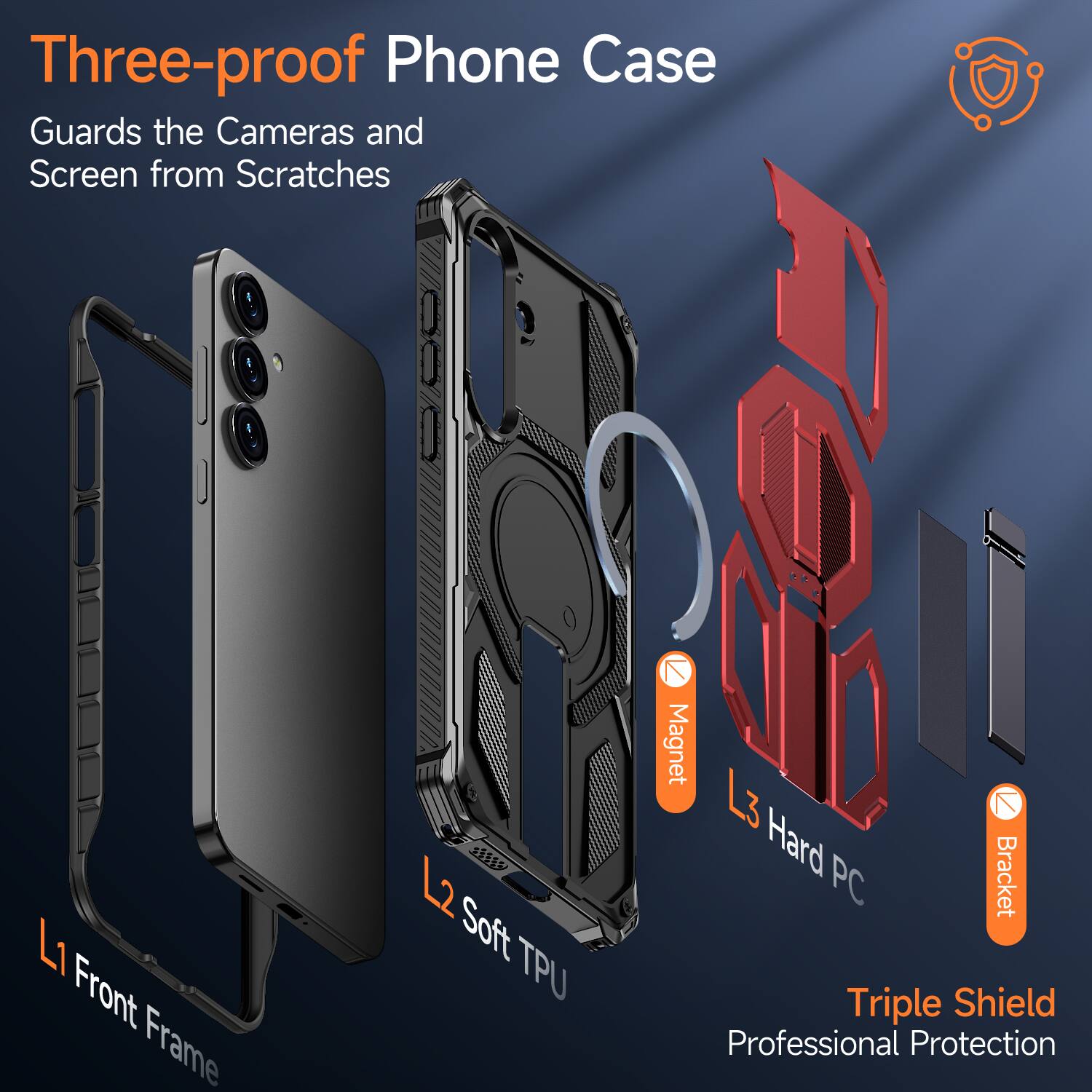 Three-proof Phone Case  
Guards the Cameras and Screen from Scratches  

L1 Front Frame  
L2 Soft TPU  
Magnet  
L3 Hard PC Bracket  
Triple Shield  
Professional Protection