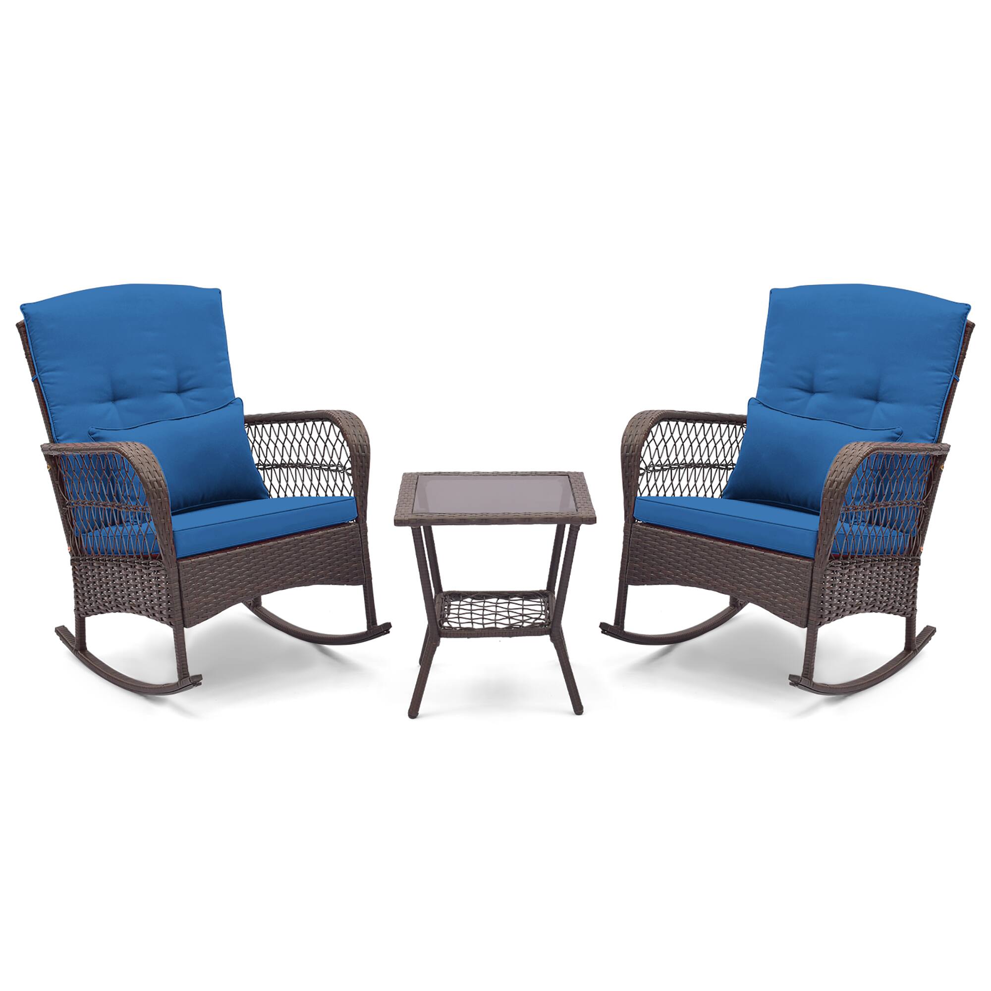 Alt View 9. Gymax - Gymax 3 Pieces Rocking Bistro Set PE Rattan Rocking Chairs w/ 2-Tier Coffee Table Navy - Mix Brown, Navy.