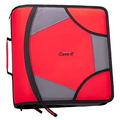 Front. Case It - King Sized Zip Tab 4" 3-Ring Zipper Binders, D-Ring - Red.