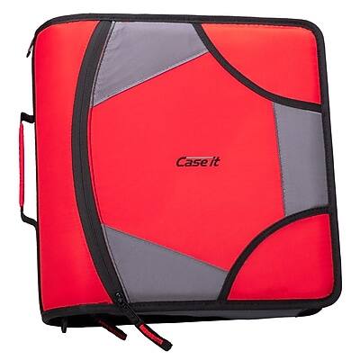 Front. Case It - King Sized Zip Tab 4" 3-Ring Zipper Binders, D-Ring - Red.
