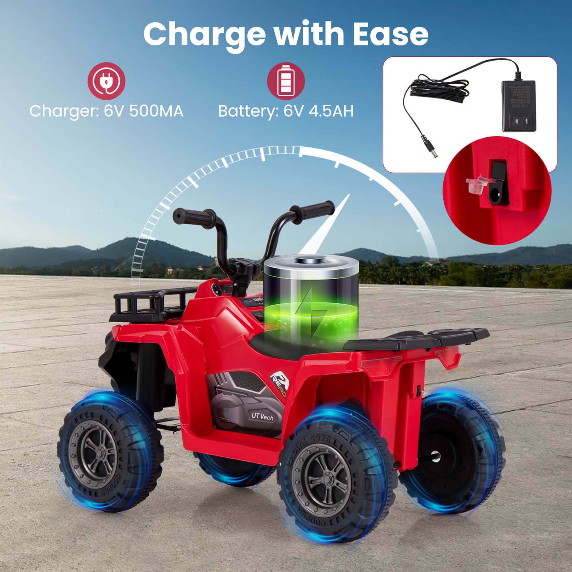 Charge with Ease

Charger: 6V 500MA  
Battery: 6V 4.5AH