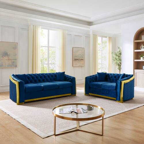Anysun - Mid-Century Modern 2-Piece Velvet Sofa Set - Chesterfield 3-Seater & Loveseat,Stainless Steel Trim, 4 Pillows - Blue